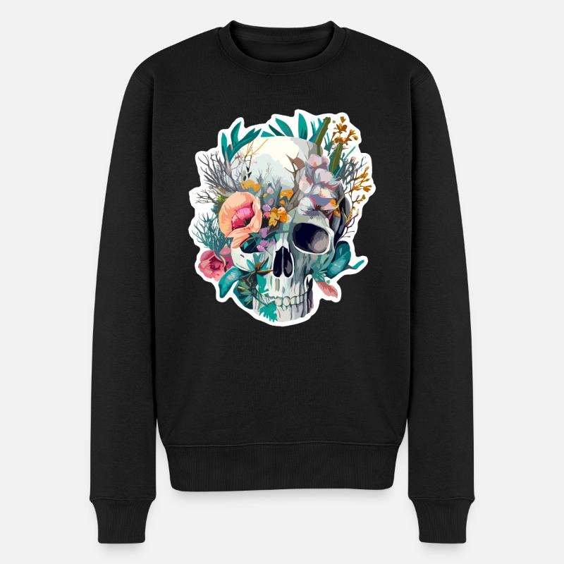 Menschlicher Schädel & Blumen 28 - Männer Premium Bio Pullover - Schwarz