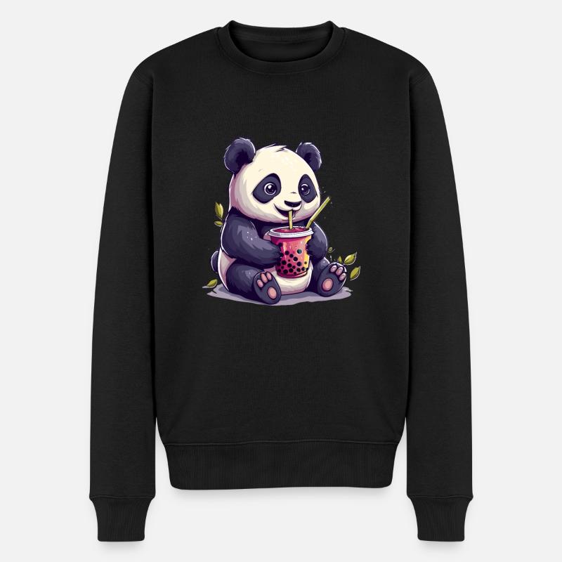 Niedlicher Panda mit Tee - Männer Premium Bio Pullover - Schwarz