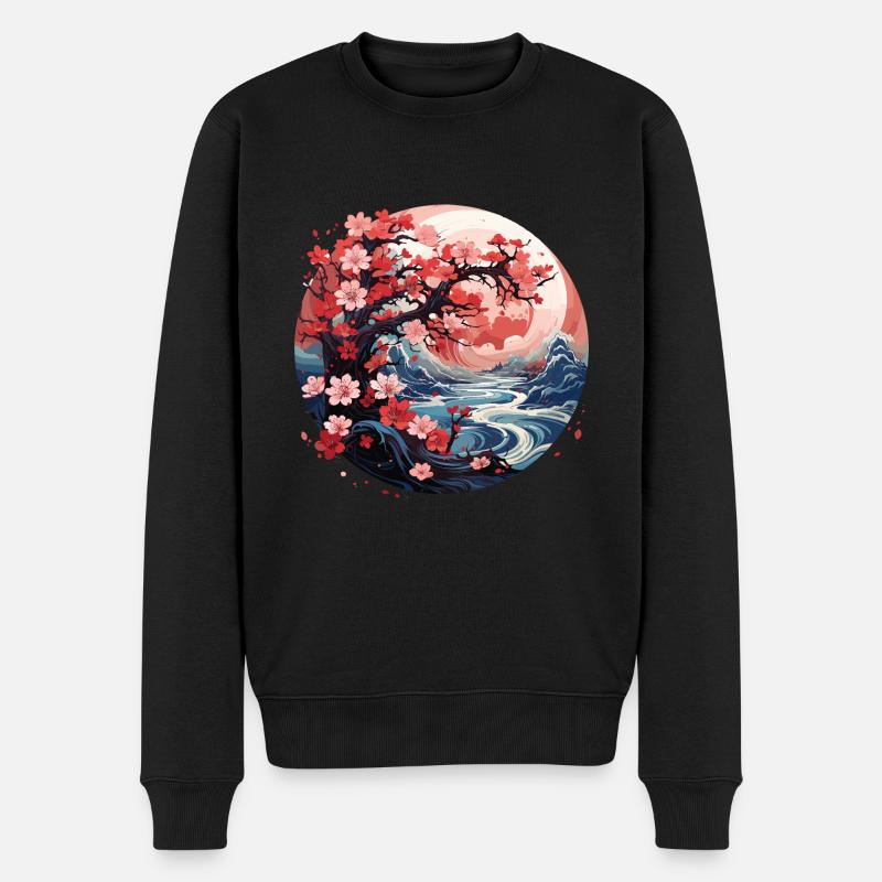 Kirschblüte Japanisch Berg Flusslandschaft - Männer Premium Bio Pullover - Schwarz