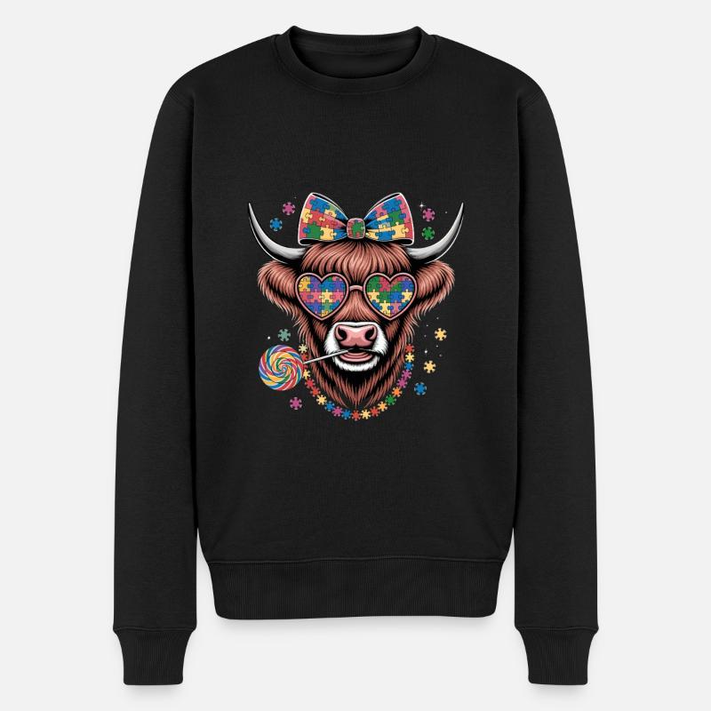 Farbenfrohes Puzzle Kuh-Motiv mit Herzbrille und - Männer Premium Bio Pullover - Schwarz