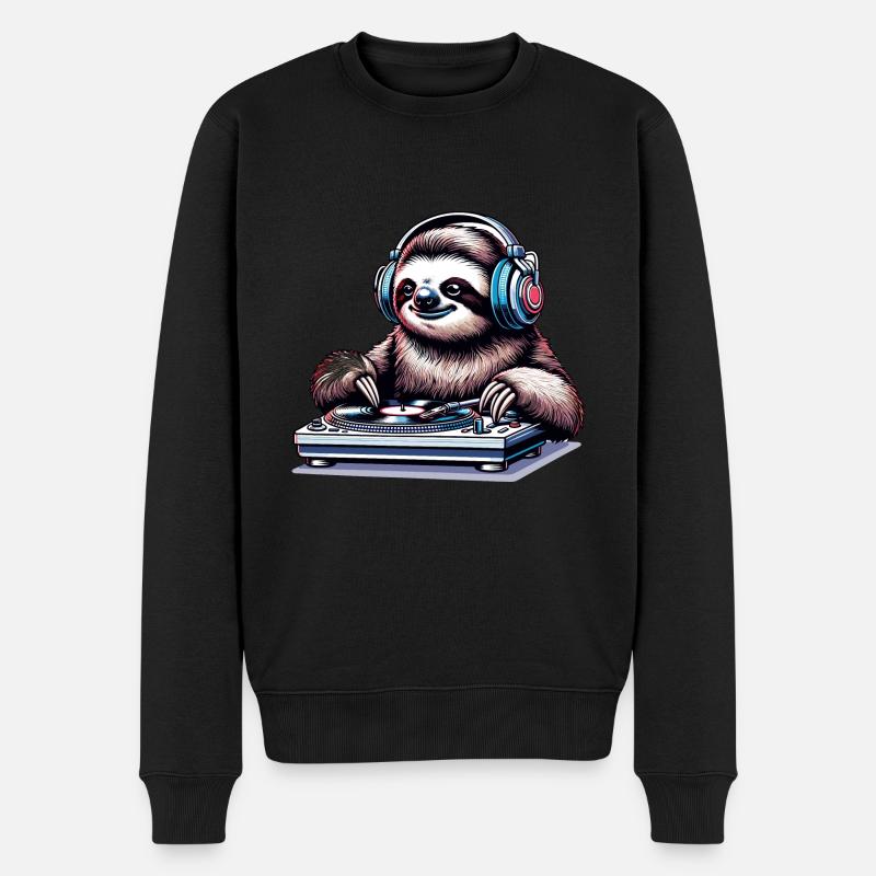Cooles DJ-Faultier Platten auflegt Kopfhörern - Männer Premium Bio Pullover - Schwarz