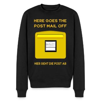 Here goes the post mail off. Hier geht die Post ab - Männer Premium Bio Pullover - Schwarz - Vorne - Nico (187cm)