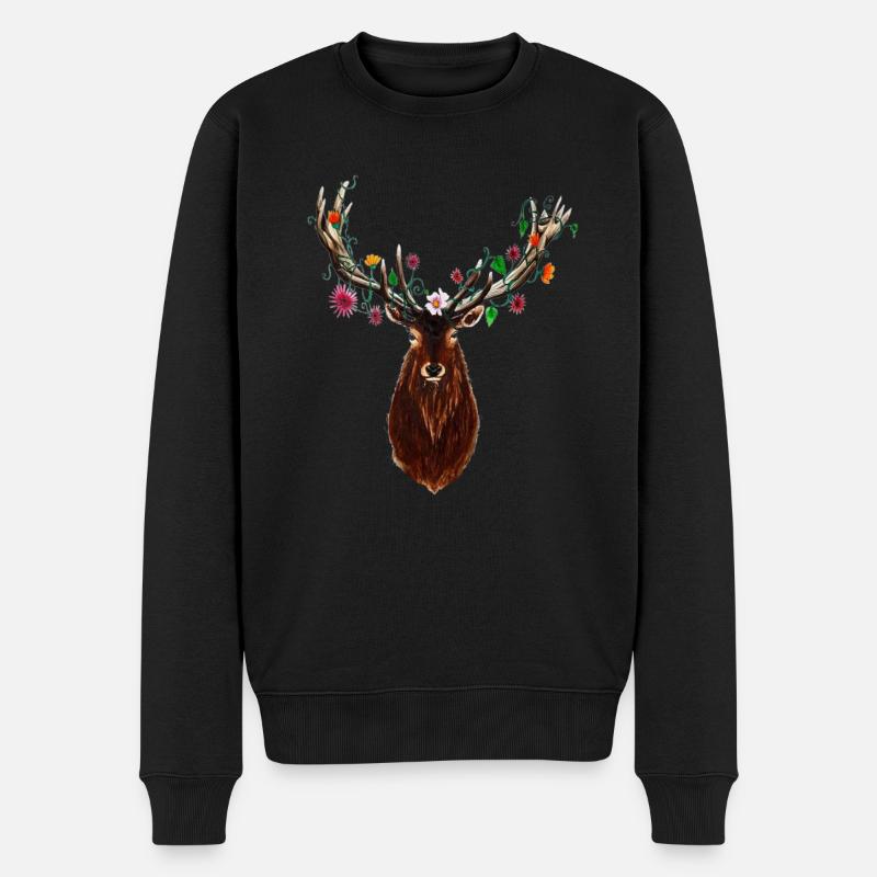 Blumen Hirsch - Männer Premium Bio Pullover - Schwarz