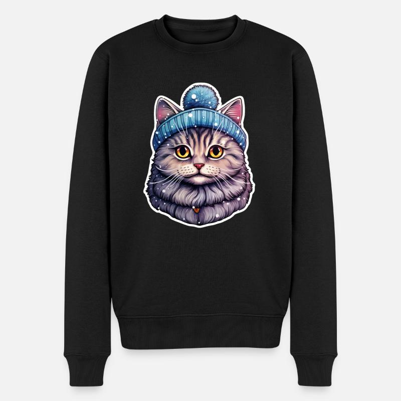 Katze mit Bommelmütze - Männer Premium Bio Pullover - Schwarz