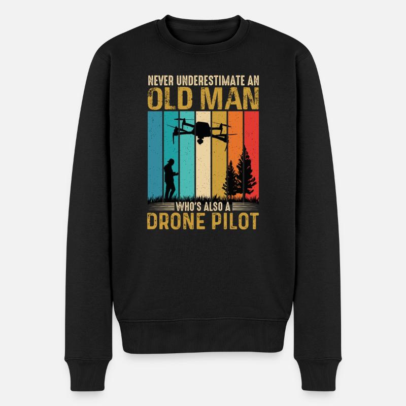 Alter Mann mit Drohne Opa Vater Papa Rentner - Männer Premium Bio Pullover - Schwarz