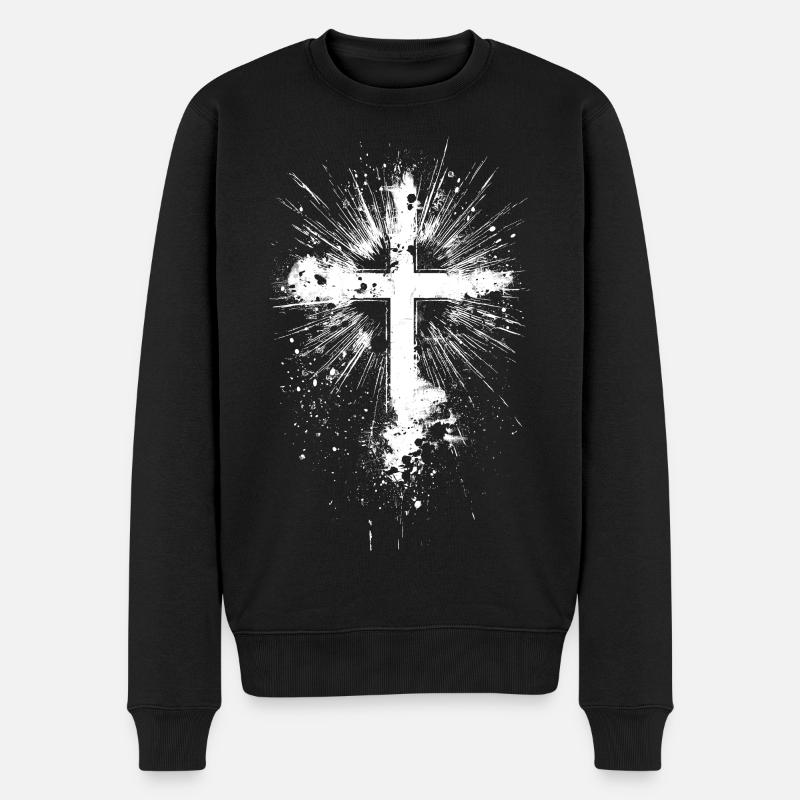 Weißes Kreuz mit Farbspritzern - Männer Premium Bio Pullover - Schwarz