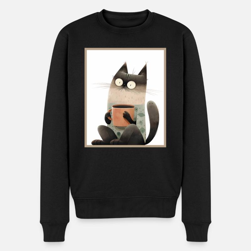 Katze mit Kaffeetasse - Männer Premium Bio Pullover - Schwarz