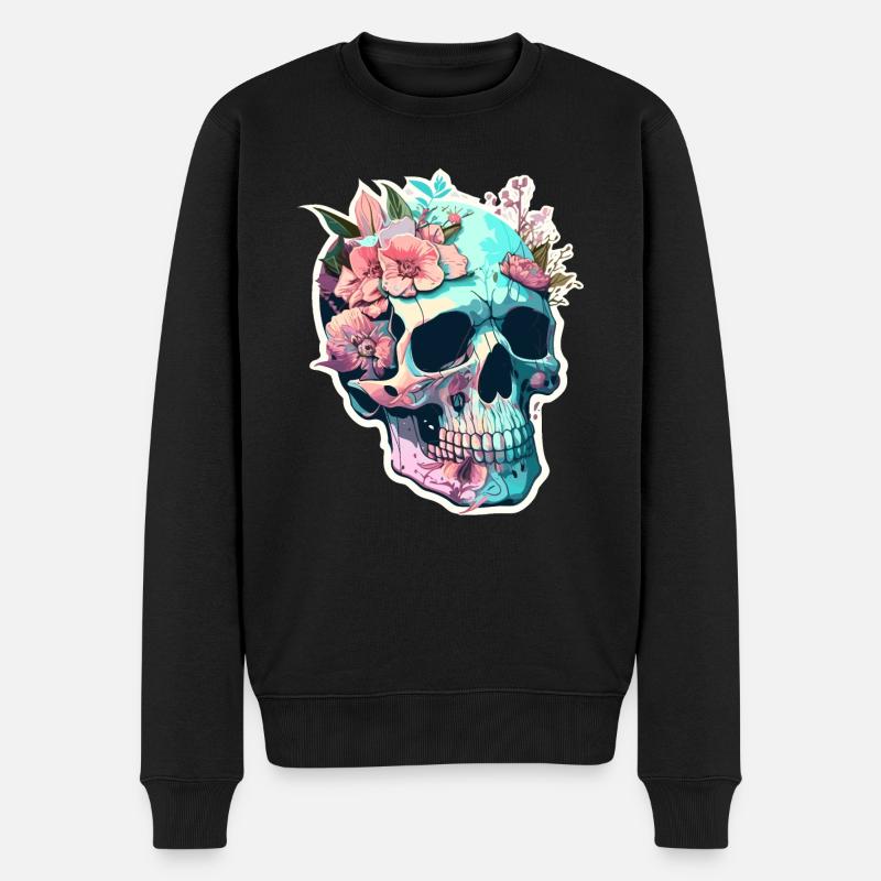 Menschlicher Schädel & Blumen 33 - Männer Premium Bio Pullover - Schwarz