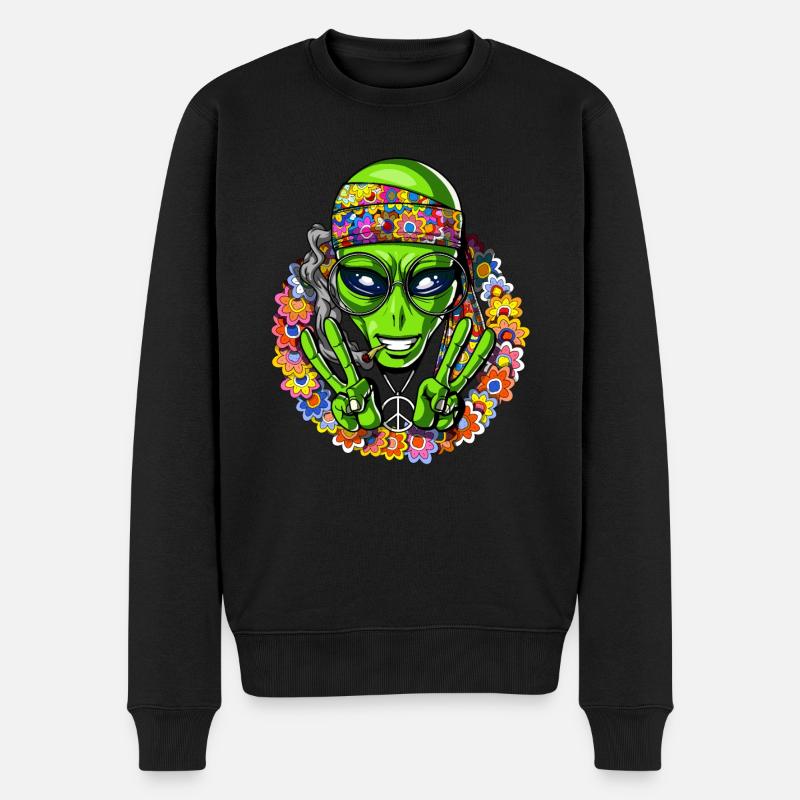 Lustiges Hippie-Alien-psychedelisches Friedenszeichen - Männer Premium Bio Pullover - Schwarz