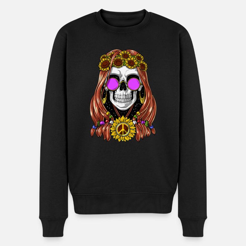 Sonnenblumen Hippie Totenkopf - Männer Premium Bio Pullover - Schwarz