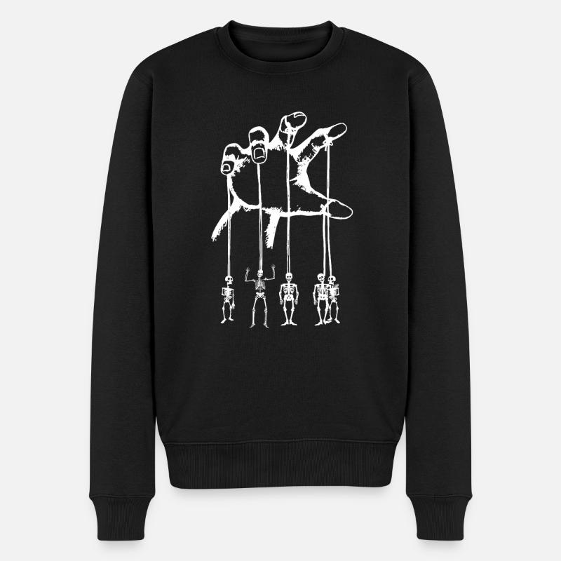Skeleton marionettes on a hand pulling string over white - Men's Premium Organic Jumper - black
