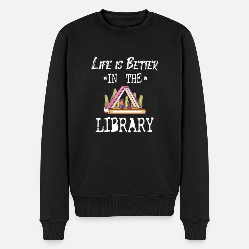 BOOK READER/BOOK FAN :Life In Library - Männer Premium Bio Pullover - Schwarz