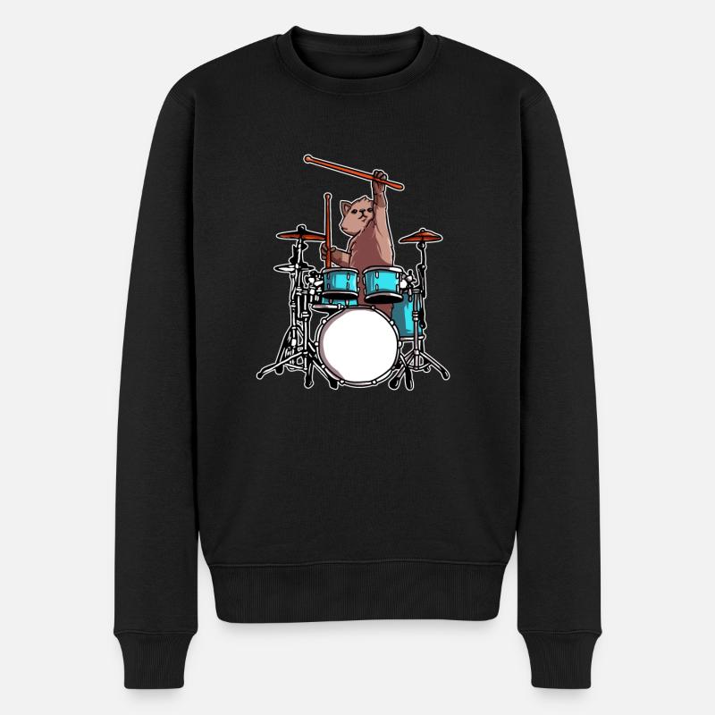 Drummer Katze spielt Schlaugzeug Musiker - Männer Premium Bio Pullover - Schwarz