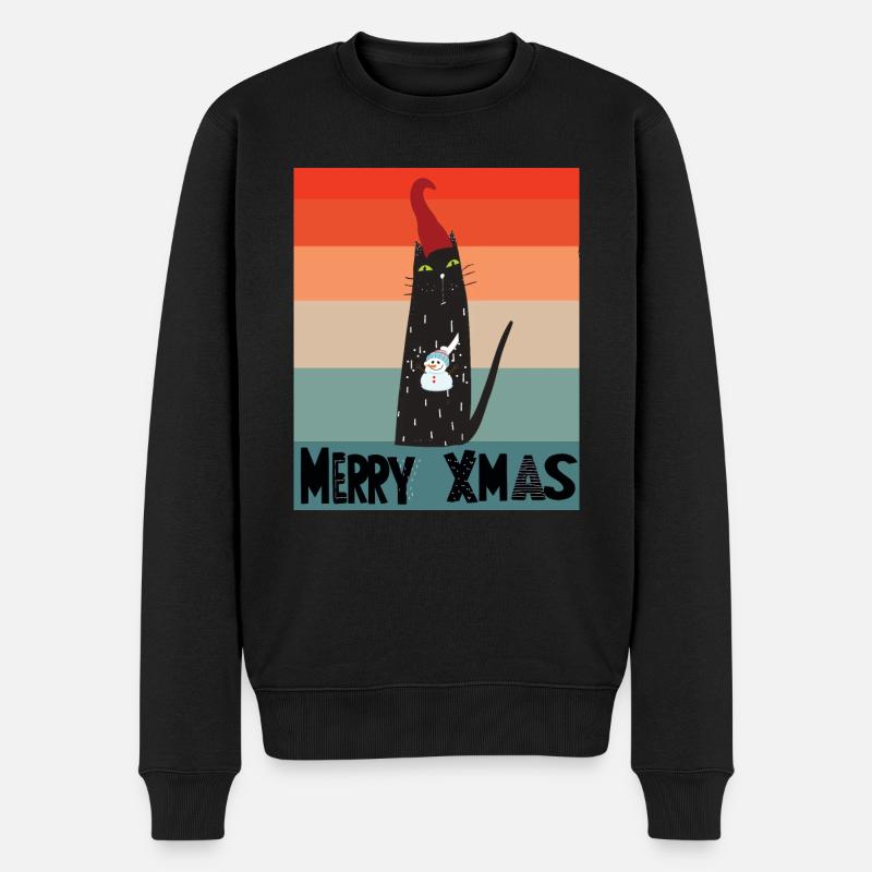 Merry Xmas Katze mit Schneemann + Xmas Mütze Meow - Männer Premium Bio Pullover - Schwarz