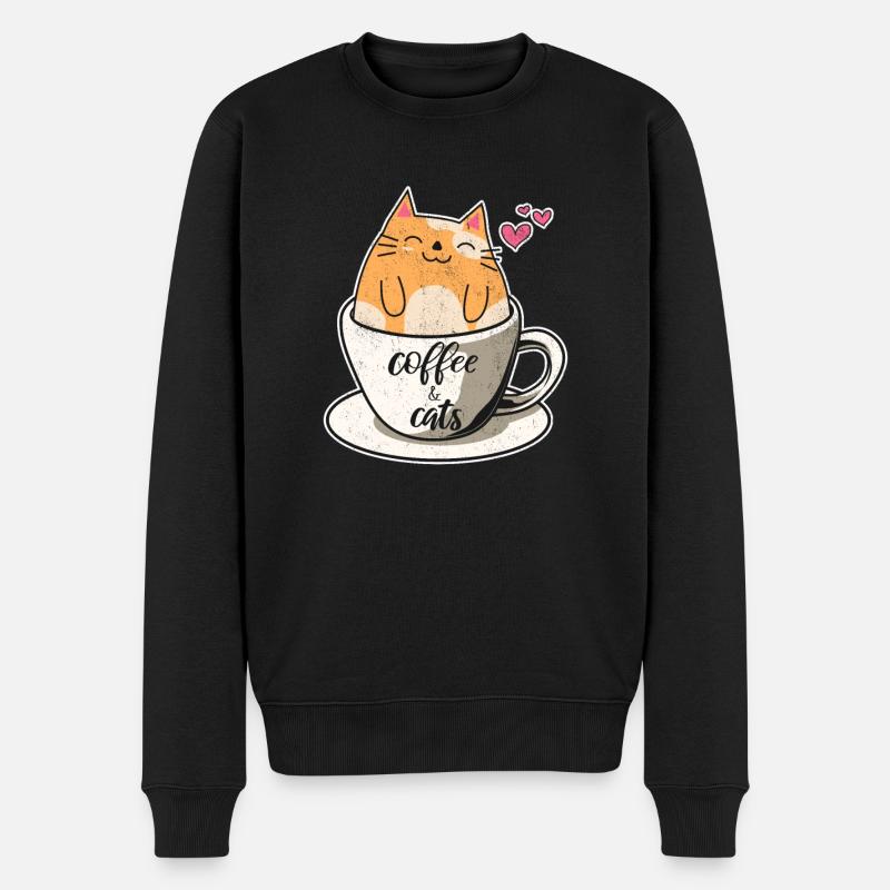 Coffee & Cats Funny Cat Lovers Cute Cat Coffee Lov - Männer Premium Bio Pullover - Schwarz
