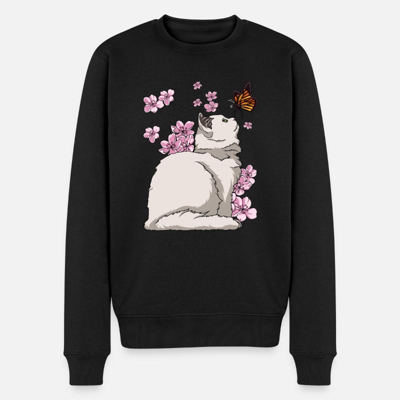 Japanese Cherry Blossom Katze - Männer Premium Bio Pullover - Schwarz