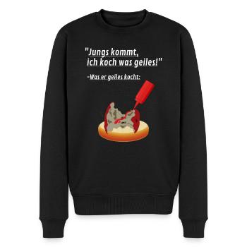 Was er geiles kocht: | für Bros - Männer Premium Bio Pullover - Schwarz - Vorne - Nico (187cm)