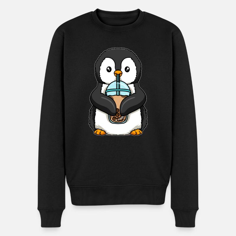 Pinguin trinkt Bubble Tea - Männer Premium Bio Pullover - Schwarz