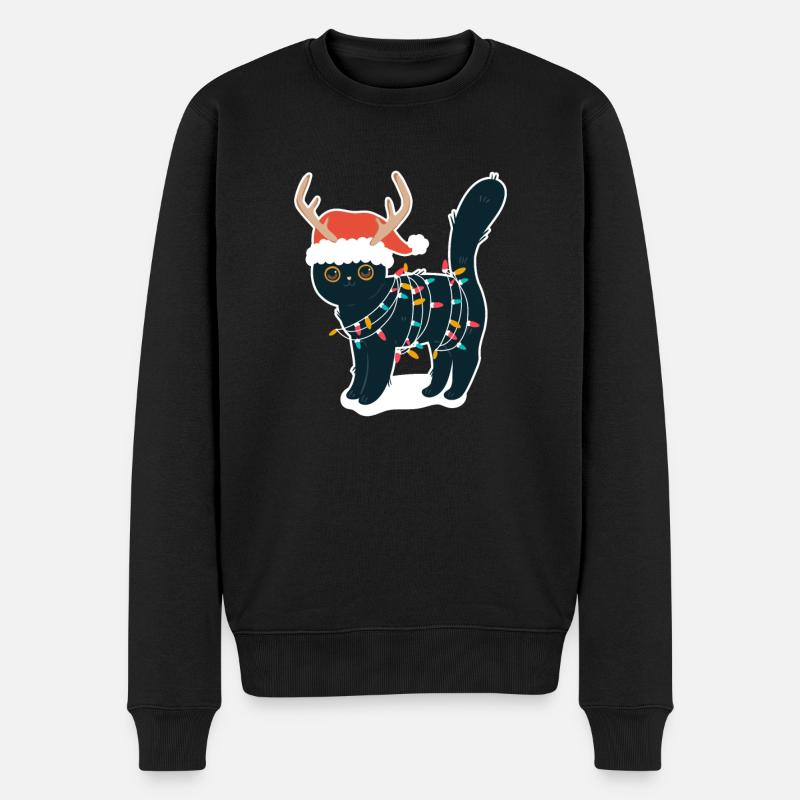 Rentier Schwarze Katze Weihnachtslichter Lustige - Männer Premium Bio Pullover - Schwarz