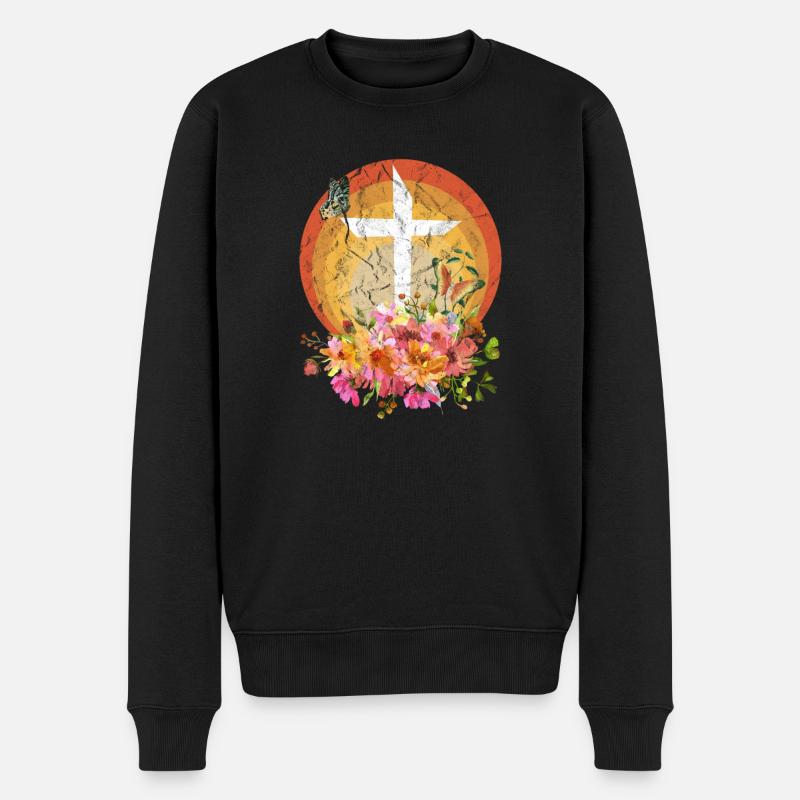 Christliches Geschenk Kreutz Blumen Schmetterling - Männer Premium Bio Pullover - Schwarz