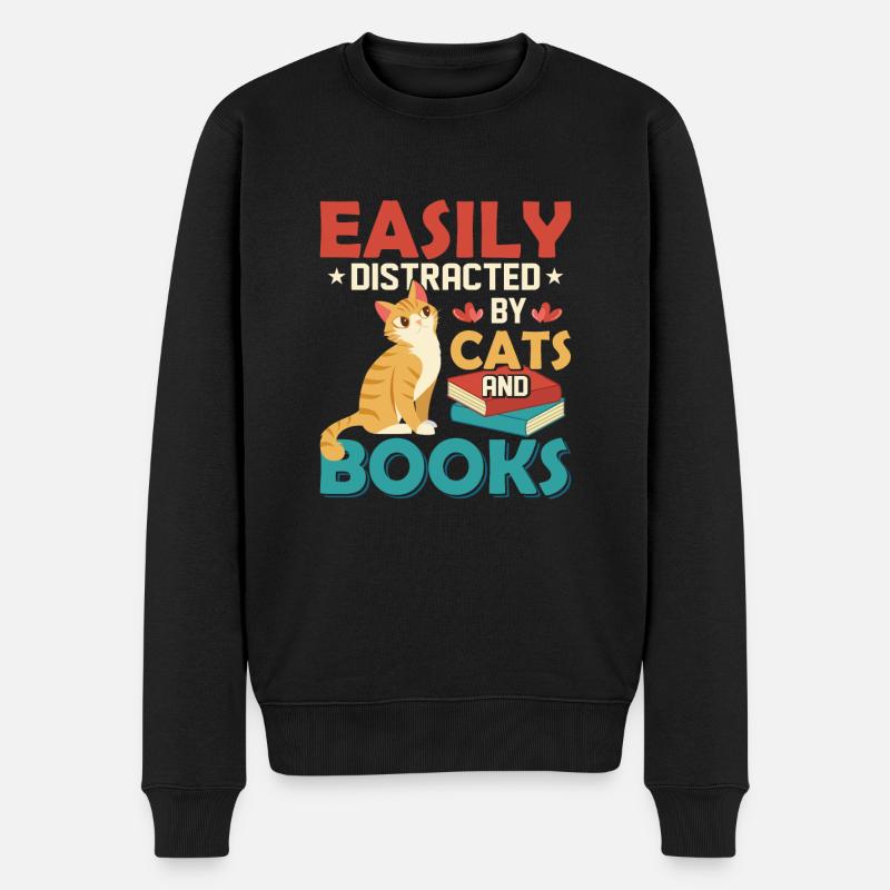 Easily Distracted By Cats And Books Reading Book L - Männer Premium Bio Pullover - Schwarz