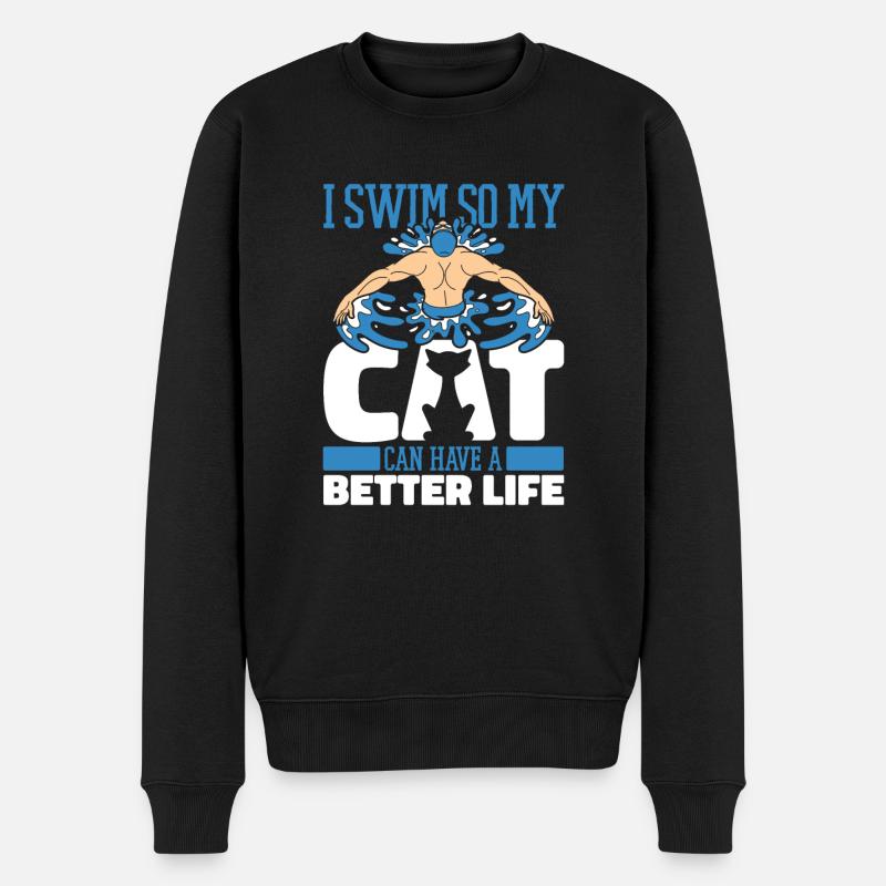 Schwimmen Schwimmer Katze - Männer Premium Bio Pullover - Schwarz