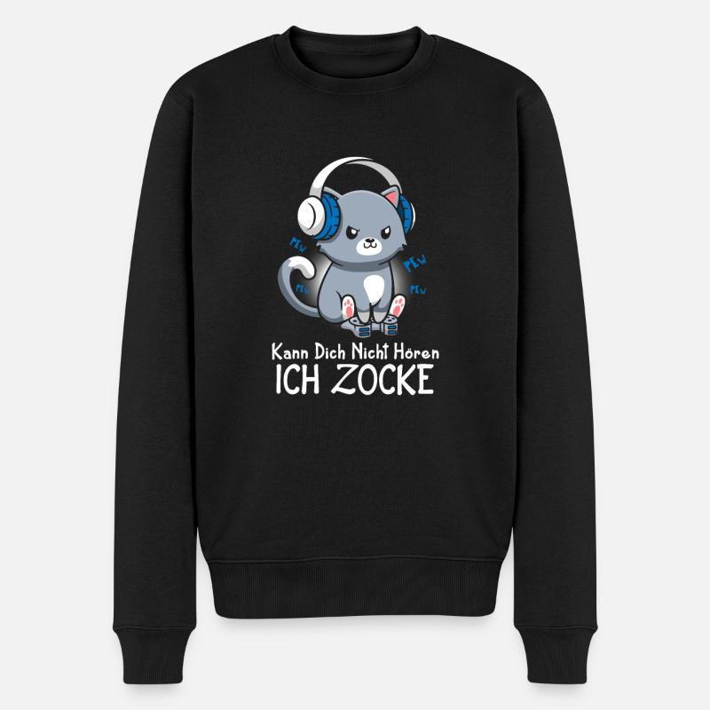 Kann Dich Nicht Hören Ich Zocke Gamer Katze - Männer Premium Bio Pullover - Schwarz