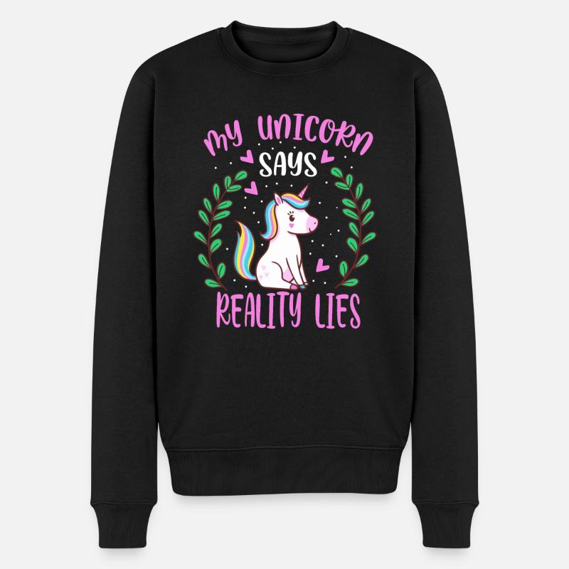 My unicorn says reality lies - Männer Premium Bio Pullover - Schwarz