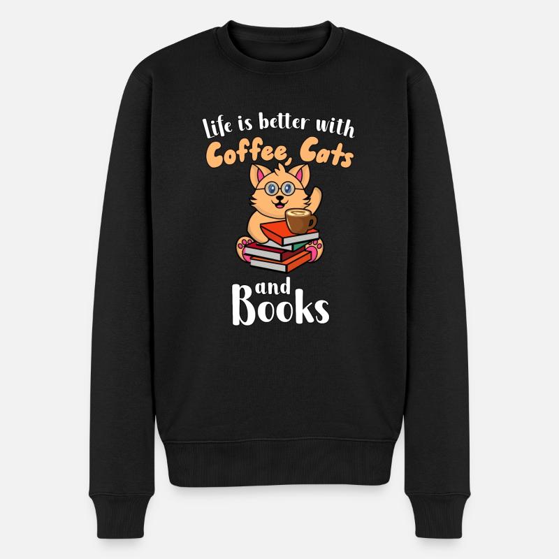 Kaffee-Katzen-Bücher - Männer Premium Bio Pullover - Schwarz