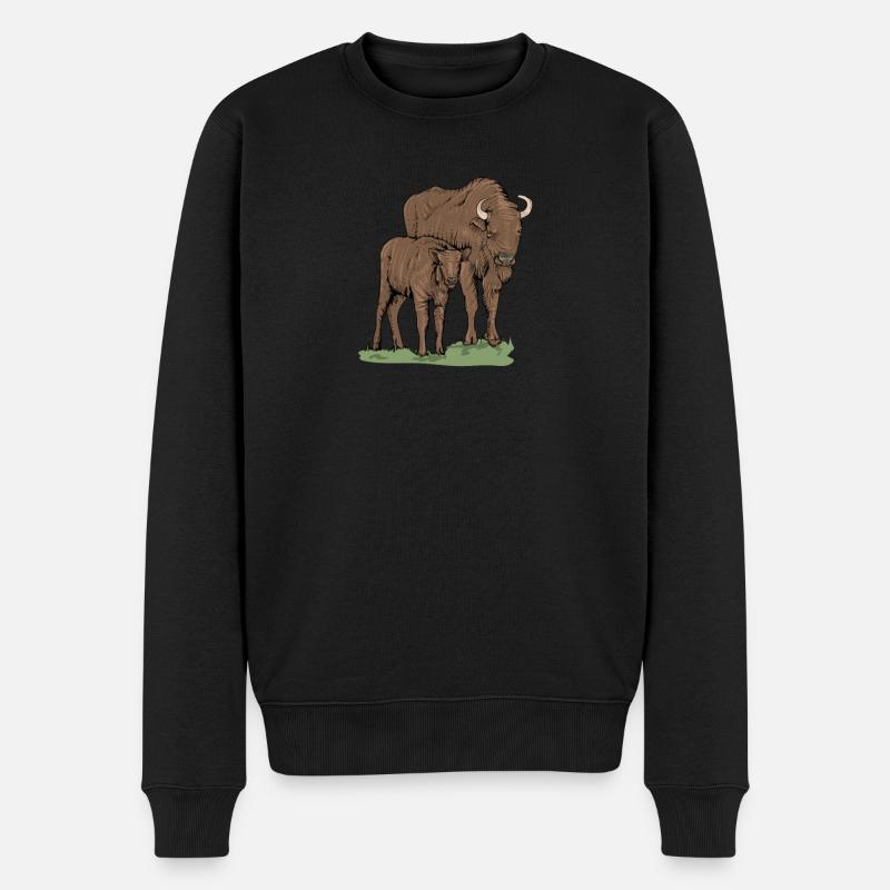 Wisent I Bison Wildrind Motiv mit Büffel und Kalb - Männer Premium Bio Pullover - Schwarz