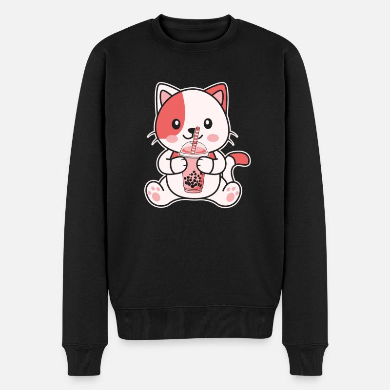 Süße Katze Kätzchen trinkt Boba Tea Bubble Tea - Männer Premium Bio Pullover - Schwarz