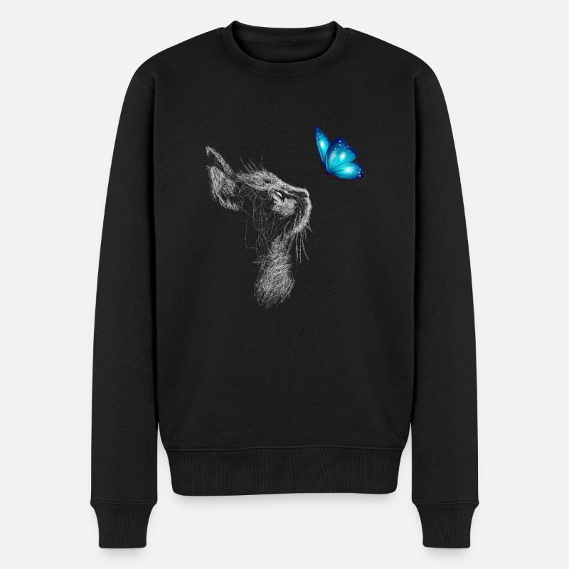 Schwarze Katze mit blauem Schmetterling - Männer Premium Bio Pullover - Schwarz