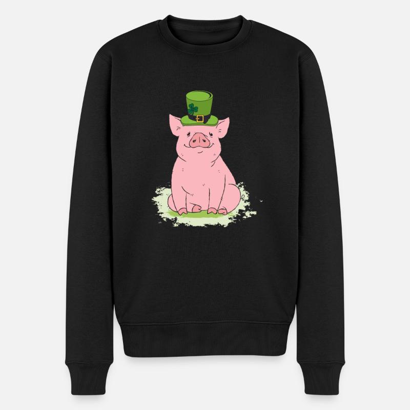 Glücksschwein mit Zylinder und Kleeblatt - Männer Premium Bio Pullover - Schwarz