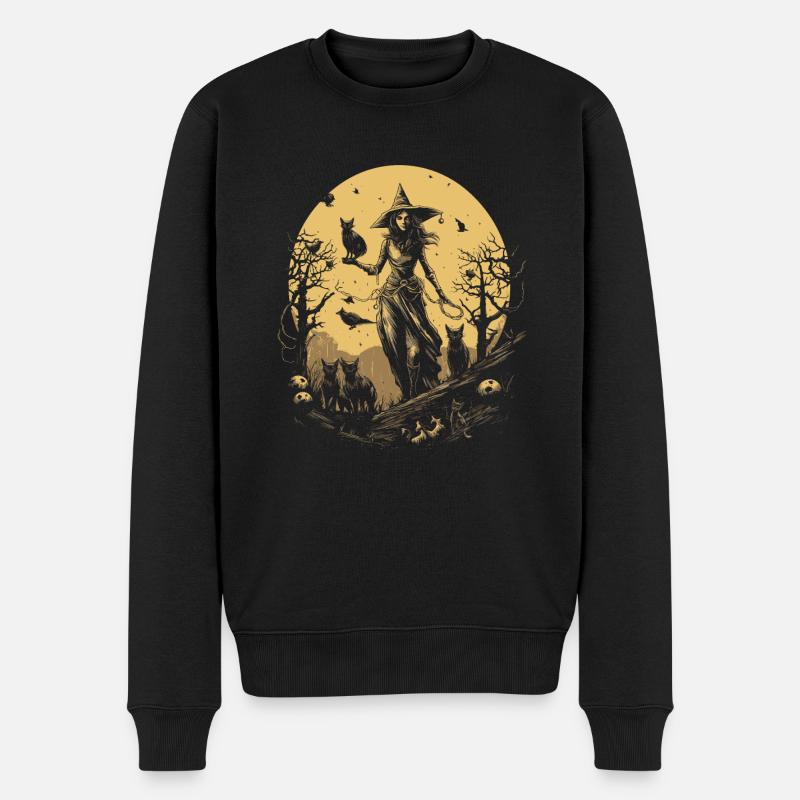 Gruselige Hexe Mit Schwarzen Katzen Unter Vollmond - Männer Premium Bio Pullover - Schwarz