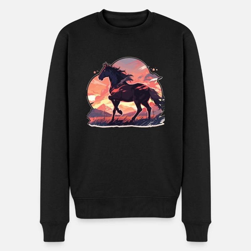 Chevaux, Cheval Noir, Cheval, Coucher De Soleil - Pull Premium bio Homme - noir