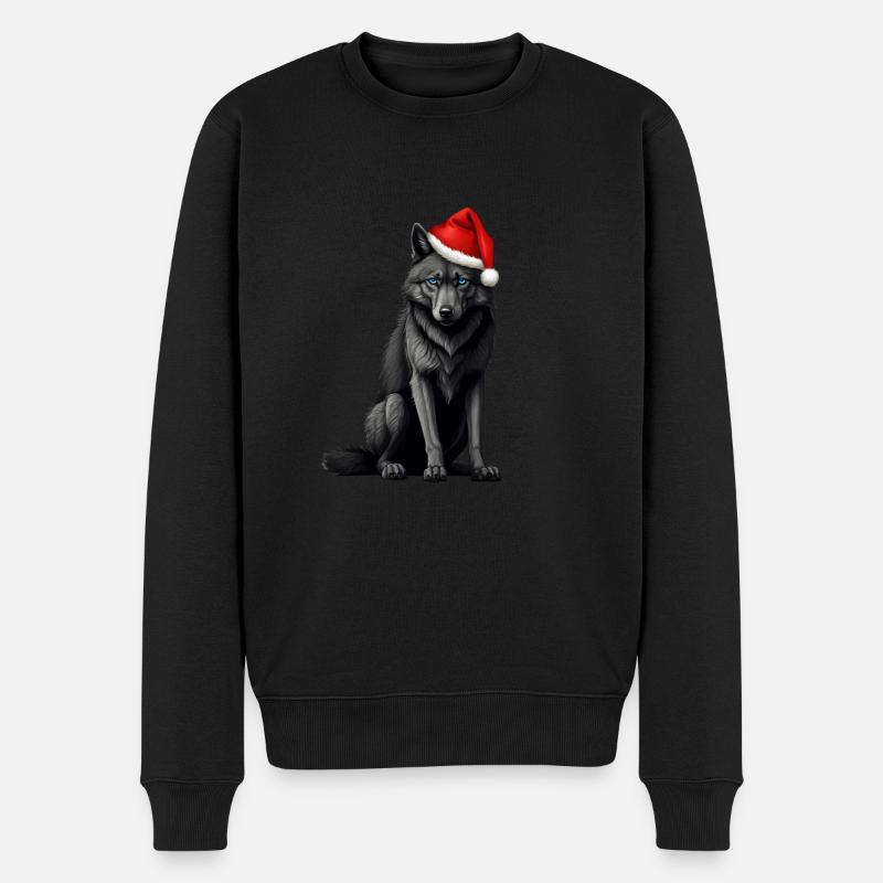 Wilder Weihnachtszauber: Wolf mit Mütze - Männer Premium Bio Pullover - Schwarz
