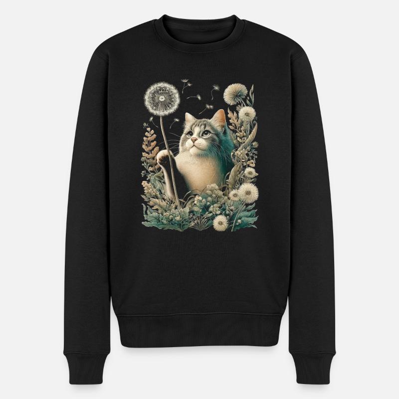 Cottagecore Katze Mit Pusteblume - Männer Premium Bio Pullover - Schwarz
