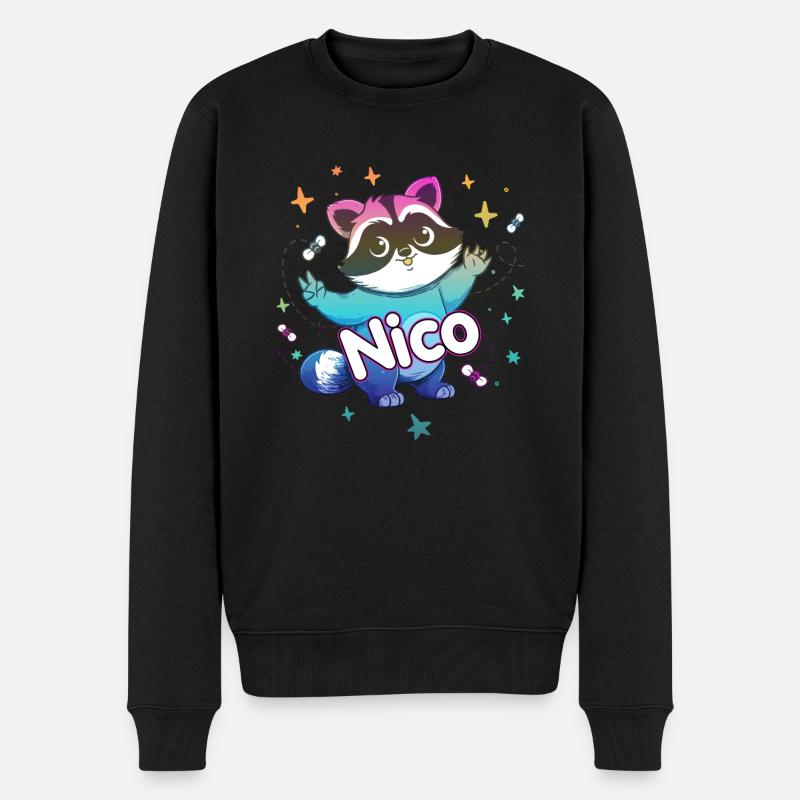 NICO - Schöner Jungen Name mit süßem Waschbär - Männer Premium Bio Pullover - Schwarz