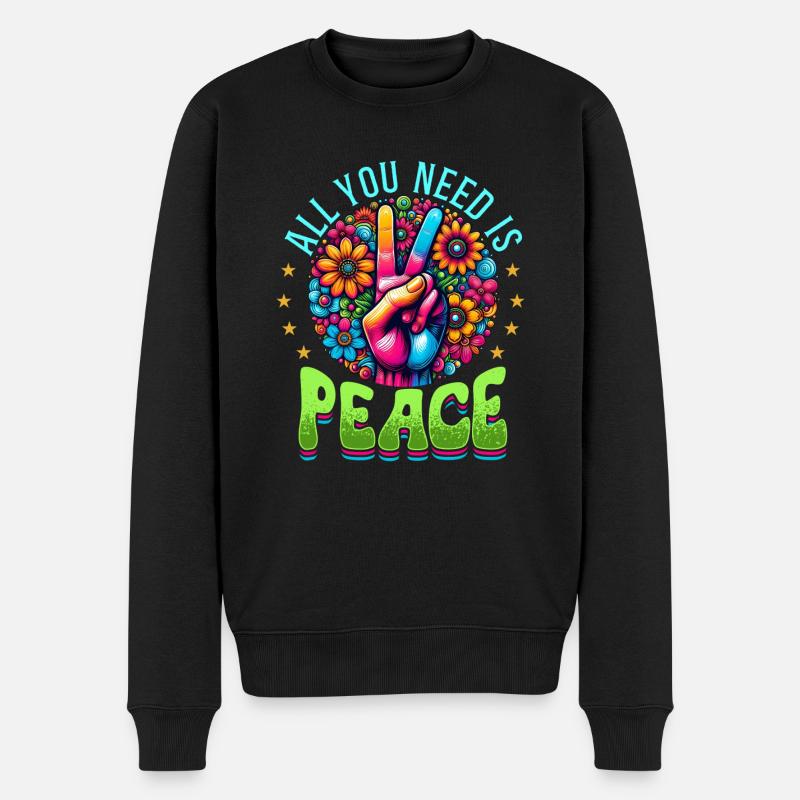 Frieden & Peace Zeichen, Blumen - Männer Premium Bio Pullover - Schwarz