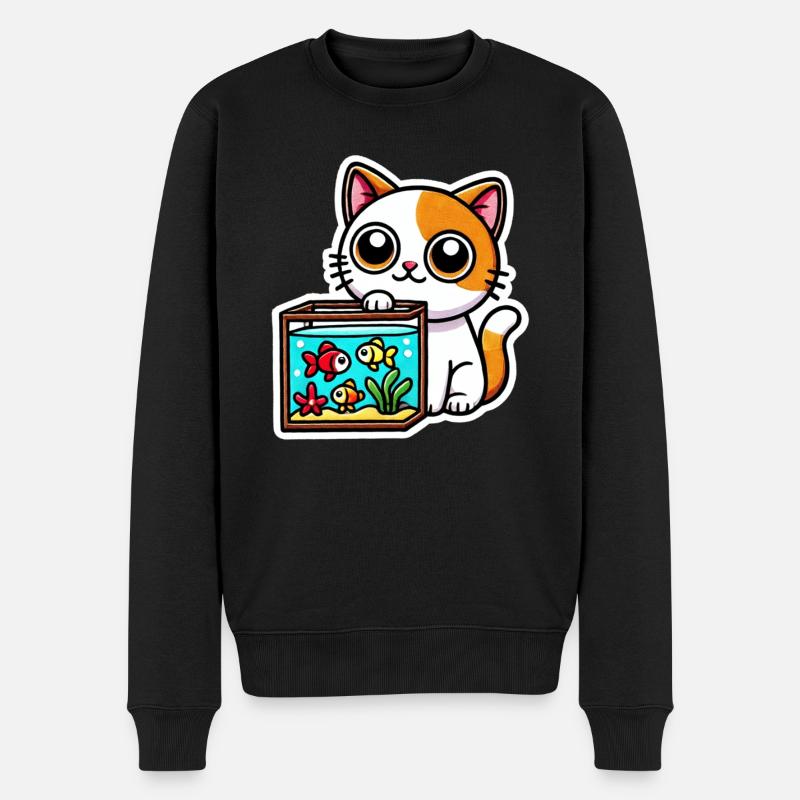 Süße rotweiße Katze sitzt am Aquarium - Männer Premium Bio Pullover - Schwarz