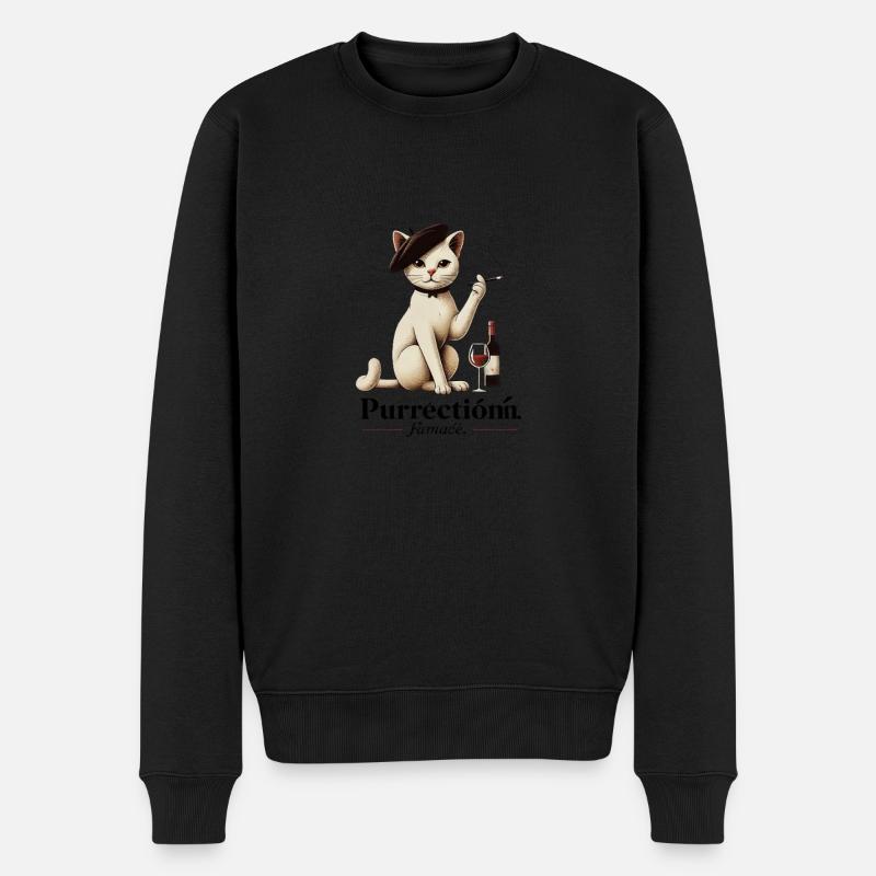 Katze mit Wein - Männer Premium Bio Pullover - Schwarz