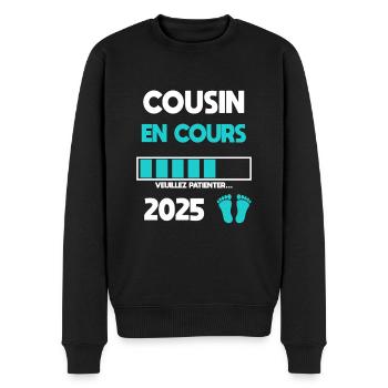 cousin en cours 2025 cadeau annonce grossesse - Pull Premium bio Homme - noir - Devant - Nico (187cm)