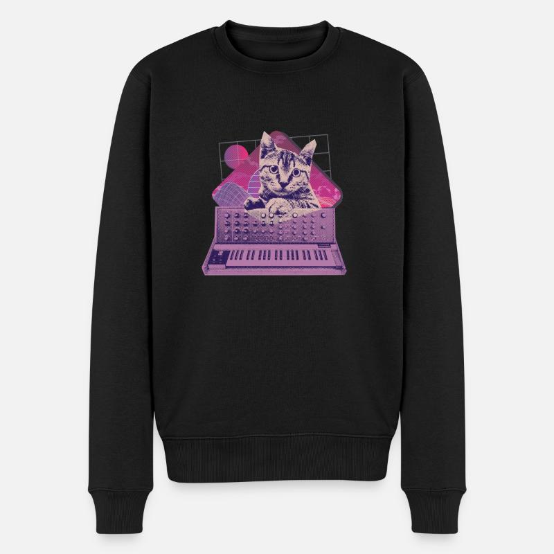 Retro Synthesizer Katze Vaporwave Aesthetic Analog - Männer Premium Bio Pullover - Schwarz