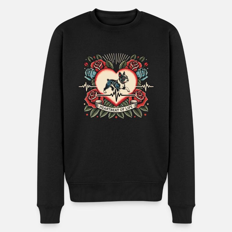 Mops Herzschlag Retro Tattoo mit Rosen - Männer Premium Bio Pullover - Schwarz