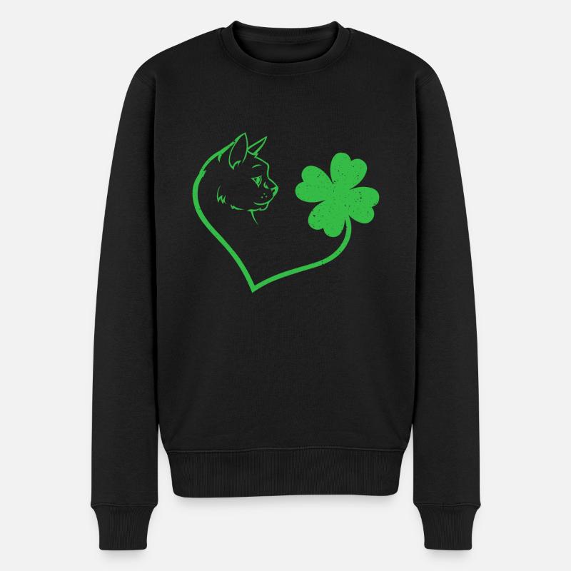 Katze Kleeblatt Herz Liebe - Männer Premium Bio Pullover - Schwarz