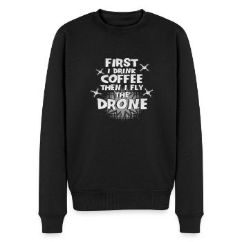 Drone Pilot Geschenke First Drink Coffee Fly Drone - Männer Premium Bio Pullover - Schwarz - Vorne - Nico (187cm)