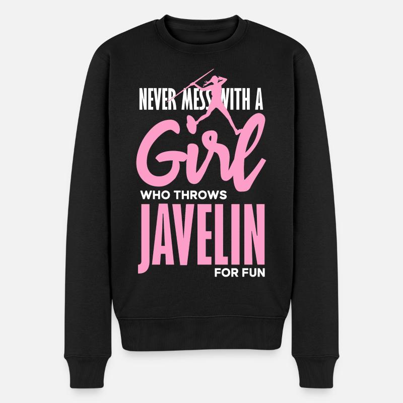 Javelin thrower with fun statement - Men's Premium Organic Jumper - black