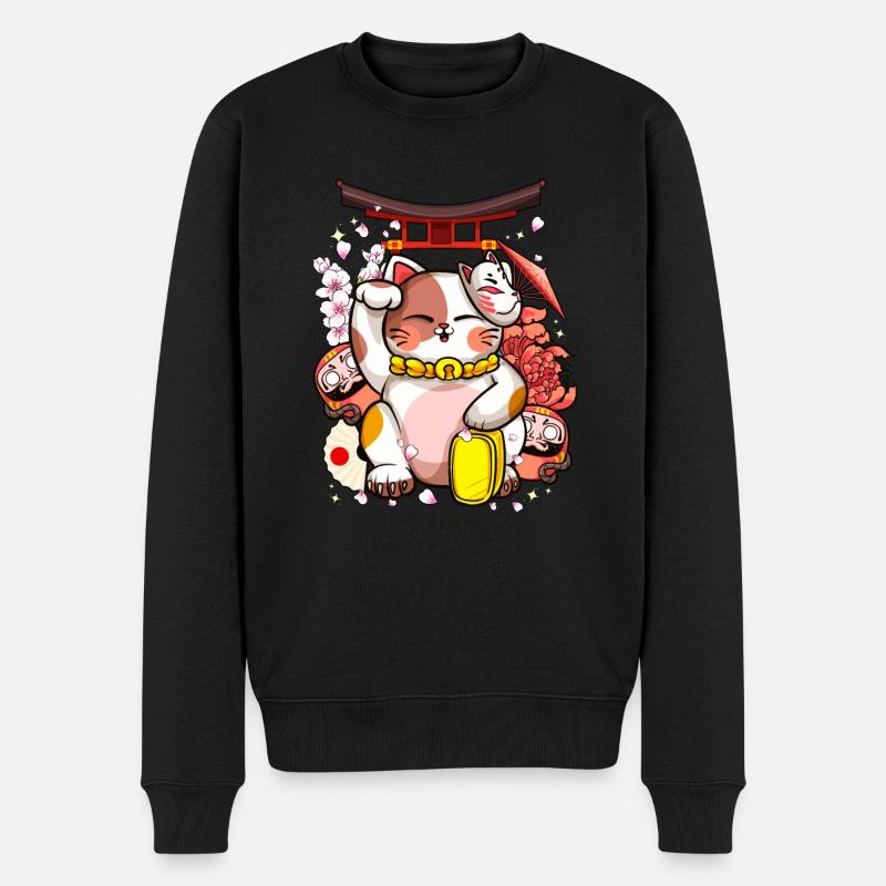 Maneki Neko Japonais Cat Kawaii Anime - Pull Premium bio Homme - noir