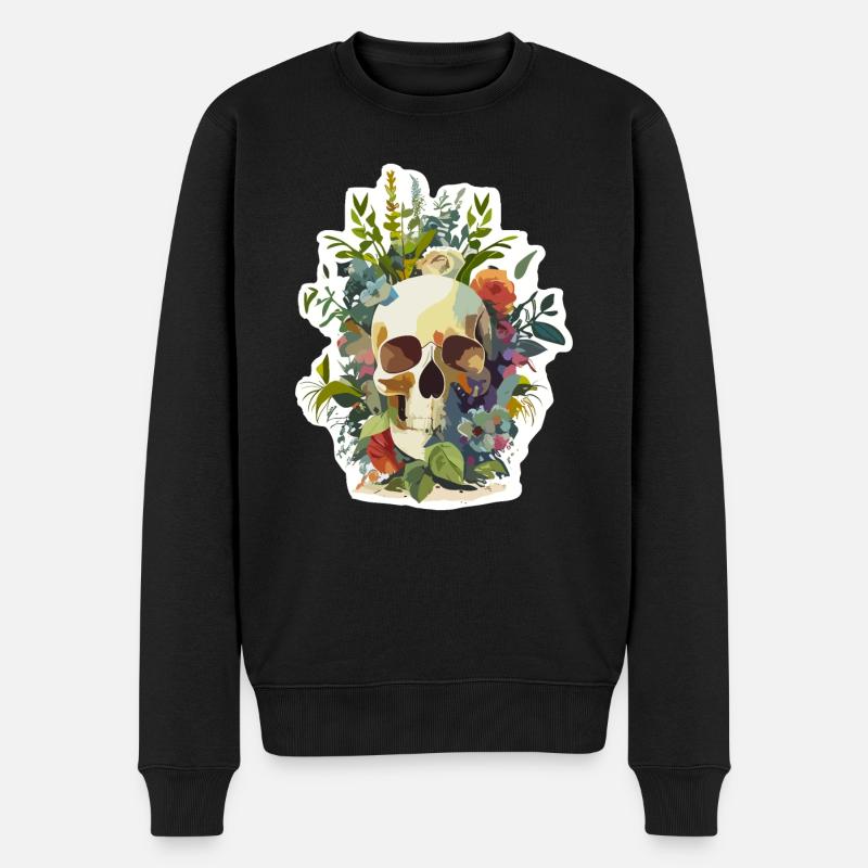 Menschlicher Schädel & Blumen 12 - Männer Premium Bio Pullover - Schwarz