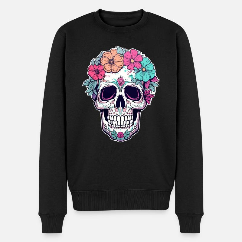 Menschlicher Schädel & Blumen 31 - Männer Premium Bio Pullover - Schwarz